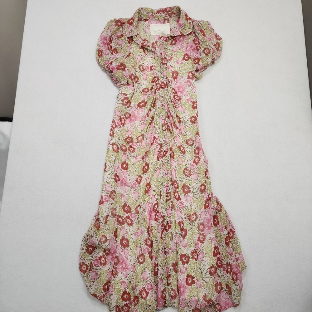 Anthropologie Midi Shirt Dress Womens 6 Multicolor Floral Pleated Puff Sleeve